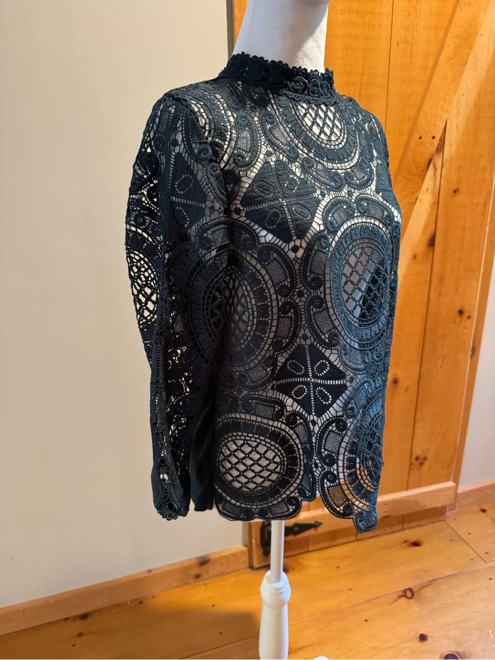 Anthropologie Dark Green Lace High-Neck Long Sleeve Top, M